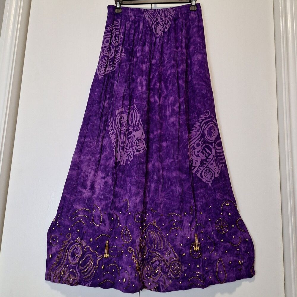 Sweet Lady Beaded Royal Purple Gold Bohemian Rayon Skirt Sz Small to Large